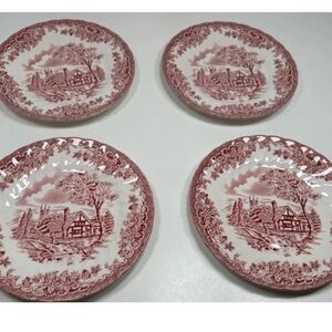 Churchill The Brook Pink Red 6 3/4" Dessert Bread Appetizer Plates Set of 4 Mint